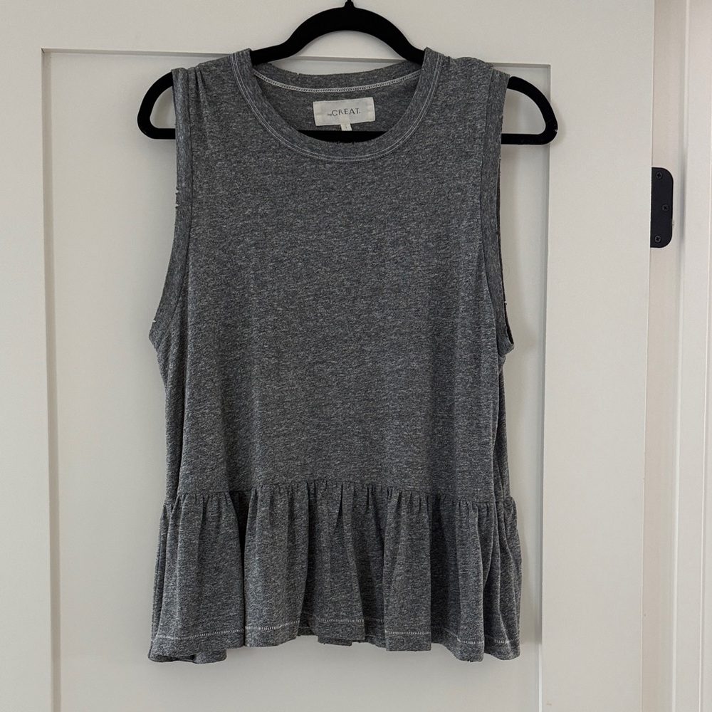 THE GREAT. Heather Gray Sleeveless Peplum Tank